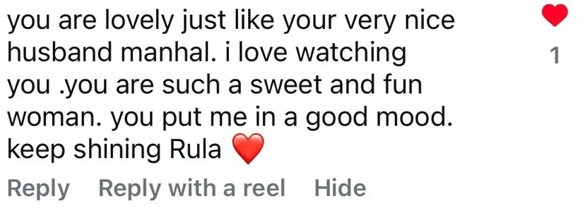 Instagram comment praising Rula Lolas and her husband Manhal — تعليق على منشور رولا لولس